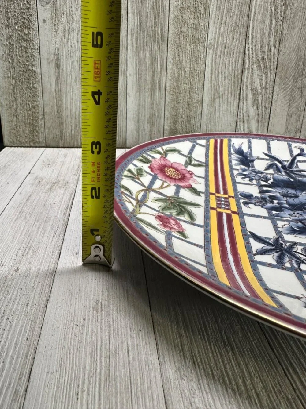 Vintage Oriental Accent Decorative Wall Plate Blue Pink Floral Design 12'' Round